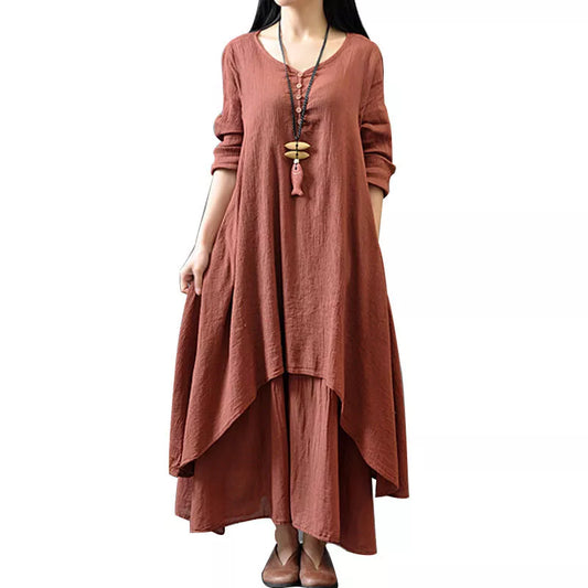 Womens Boho Cotton Linen Dress Long Sleeve Dress Sundress Maxi Dress Casual US