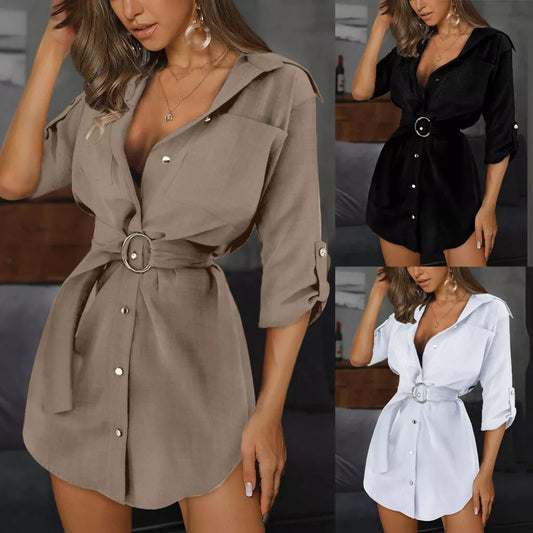 Women Summer Button Mini Shirt Dress Ladies Casual Loose Long Sleeve Blouse Tops