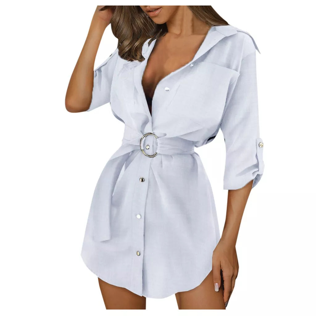 Women Summer Button Mini Shirt Dress Ladies Casual Loose Long Sleeve Blouse Tops