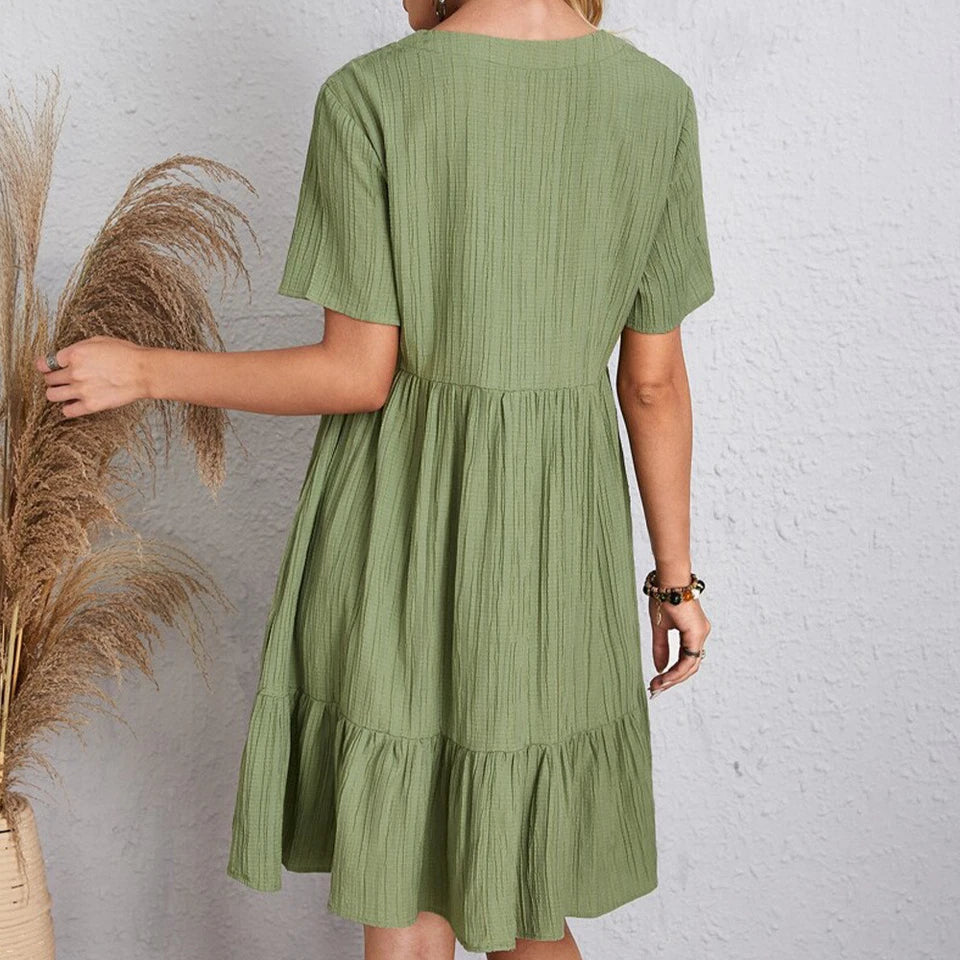 V-neck Short Sleeve Dress Summer Fashion Casual Loose Ruffled Dresses Beach Clot